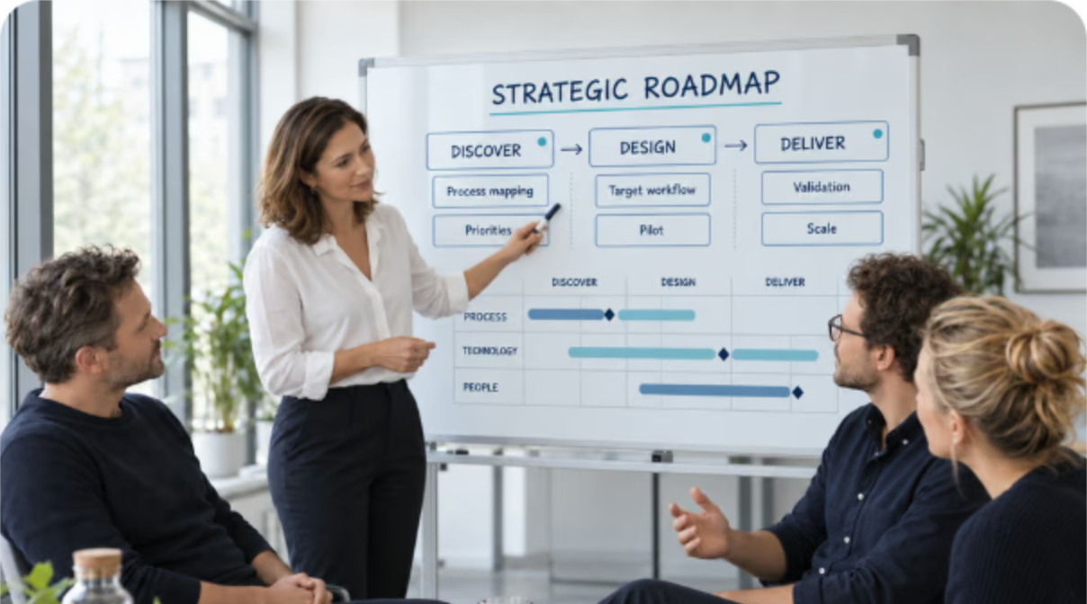 Ein Team bespricht eine strategische Roadmap am Whiteboard