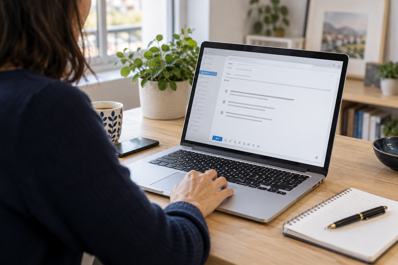 Draft follow-up questions in an email on a laptop.