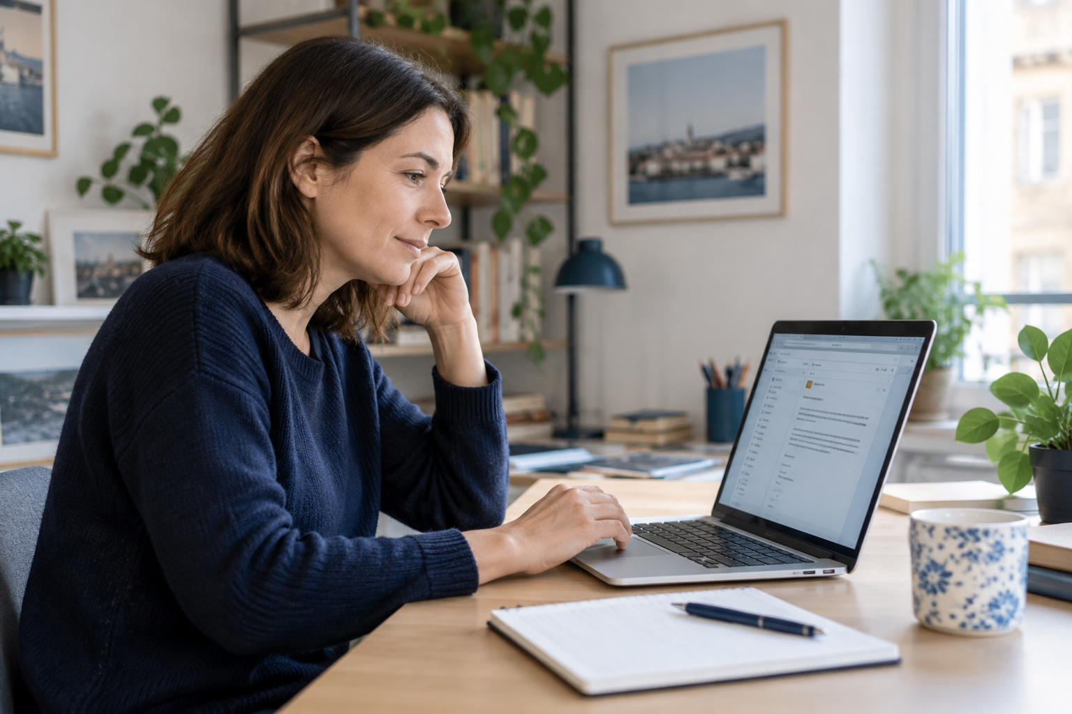 A team member reads a customer enquiry on a laptop.